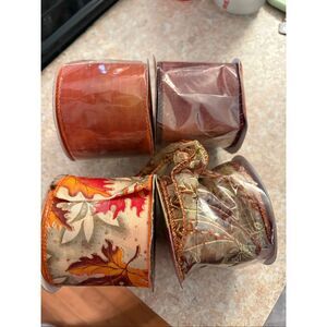 Fall Autumn Ribbon Bundle Solid Print Gold Orange Green Brown Ivory NEW 4 Spools